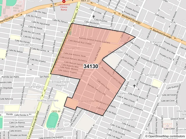 Mapa del código postal 34130, Durango, Durango