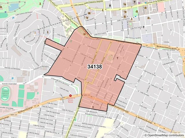 Mapa del código postal 34138, Durango, Durango