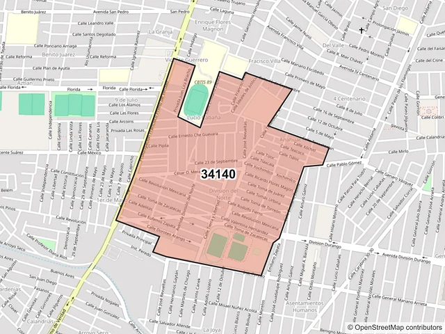 Mapa del código postal 34140, Durango, Durango