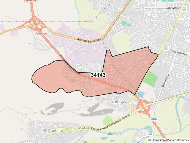Mapa del código postal 34143, Durango, Durango
