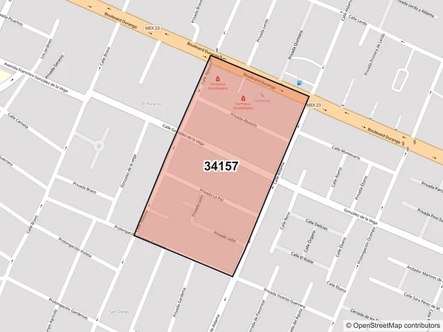 Mapa del código postal 34157, Durango, Durango