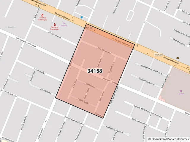 Mapa del código postal 34158, Durango, Durango