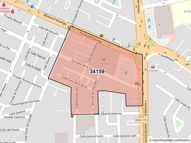 Mapa del código postal 34159, Durango, Durango