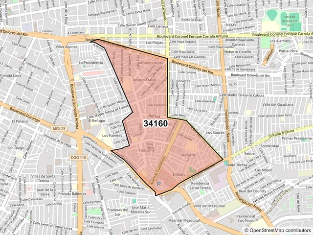 Mapa del código postal 34160, Durango, Durango