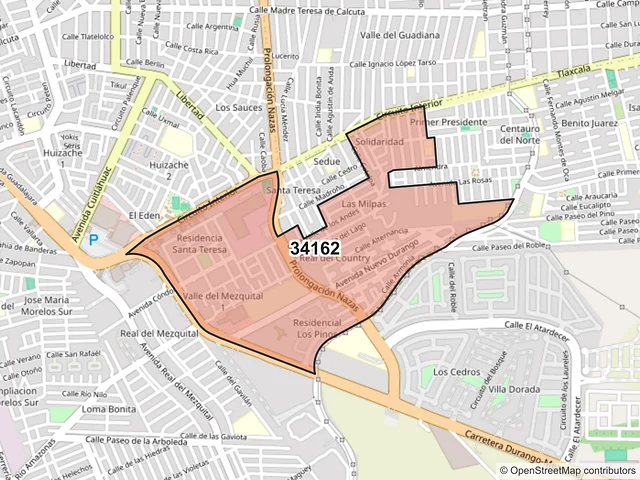 Mapa del código postal 34162, Durango, Durango