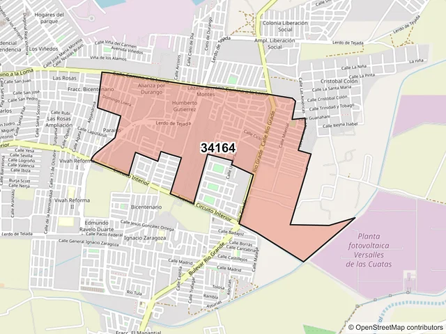 Mapa del código postal 34164, Durango, Durango