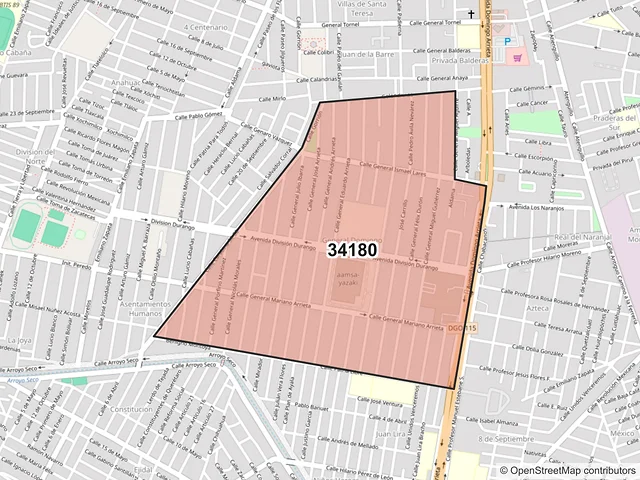 Mapa del código postal 34180, Durango, Durango