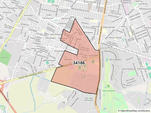 Mapa del código postal 34186, Durango, Durango