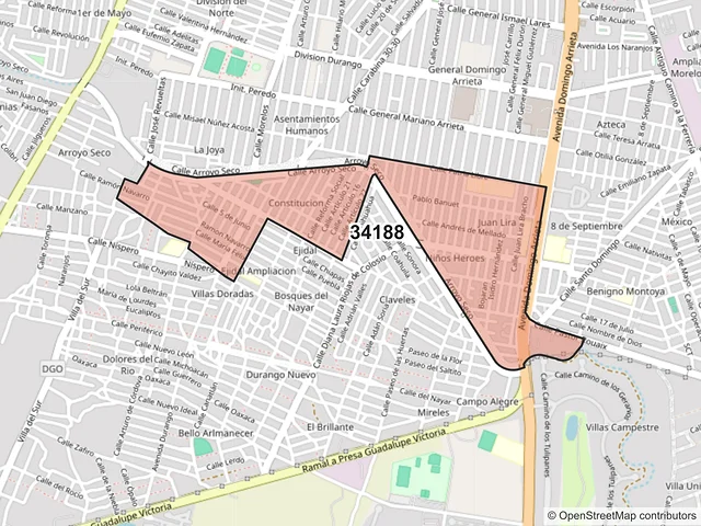 Mapa del código postal 34188, Durango, Durango