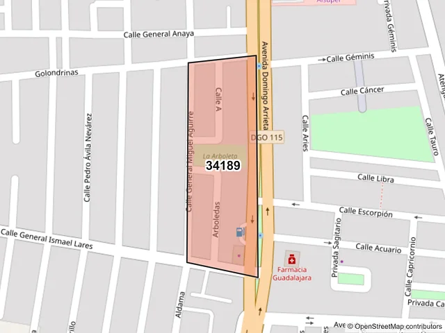 Mapa del código postal 34189, Durango, Durango