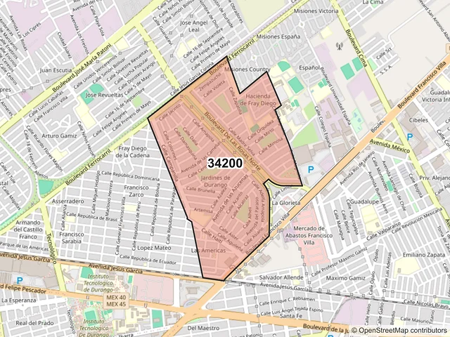 Mapa del código postal 34200, Durango, Durango