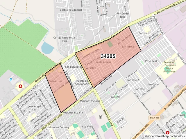 Mapa del código postal 34205, Durango, Durango