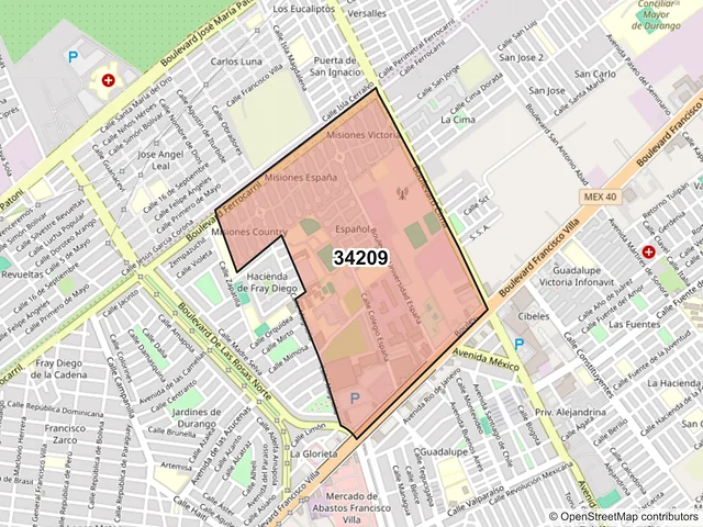 Mapa del código postal 34209, Durango, Durango