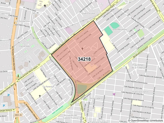 Mapa del código postal 34218, Durango, Durango