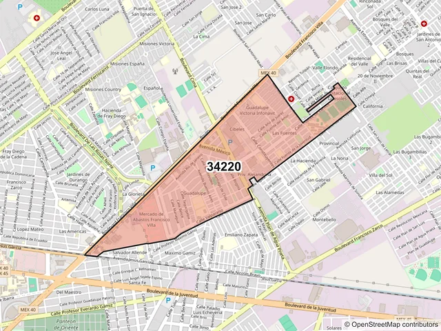 Mapa del código postal 34220, Durango, Durango