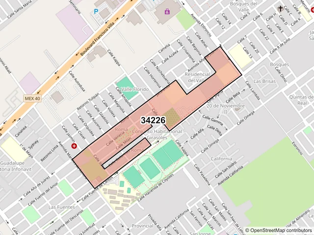 Mapa del código postal 34226, Durango, Durango
