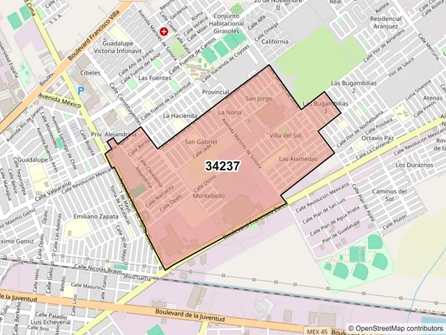 Mapa del código postal 34237, Durango, Durango