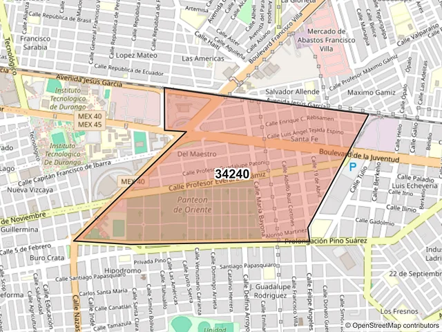 Mapa del código postal 34240, Durango, Durango