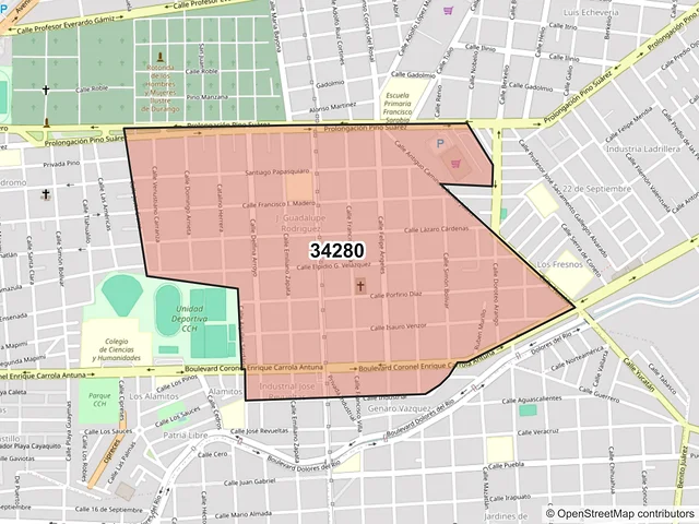Mapa del código postal 34280, Durango, Durango