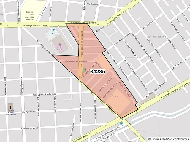 Mapa del código postal 34285, Durango, Durango