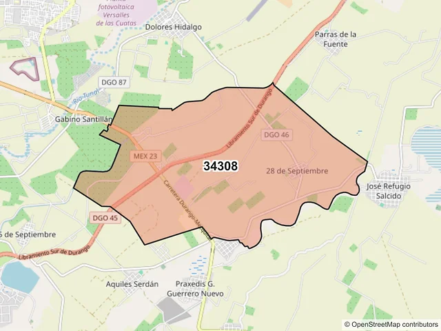 Mapa del código postal 34308, Durango, Durango