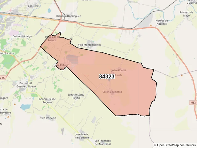 Mapa del código postal 34323, Durango, Durango