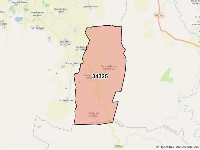 Mapa del código postal 34325, Durango, Durango