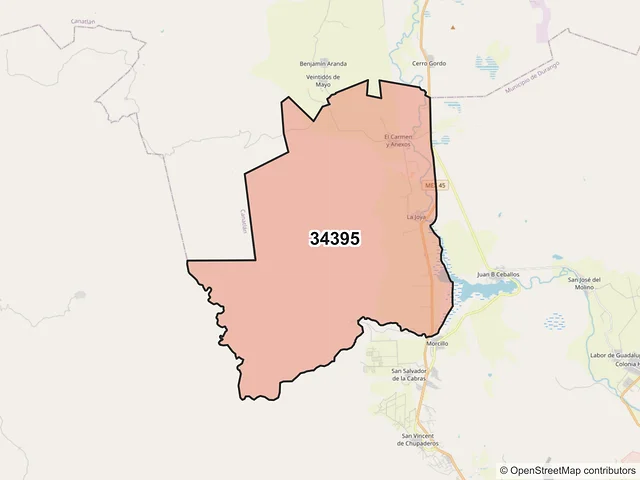 Mapa del código postal 34395, Durango, Durango