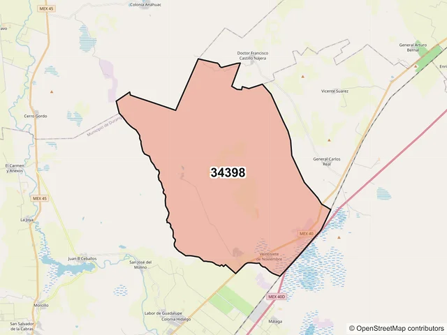 Mapa del código postal 34398, Durango, Durango