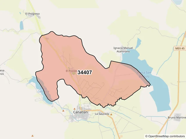 Mapa del código postal 34407, Canatlán, Durango