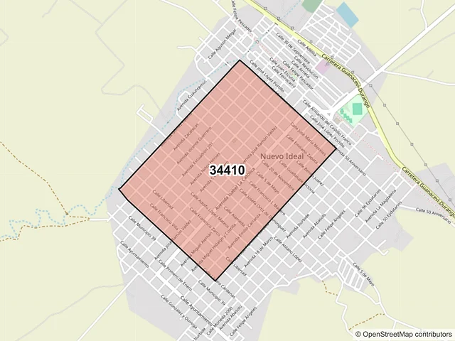 Mapa del código postal 34410, Nuevo Ideal, Durango