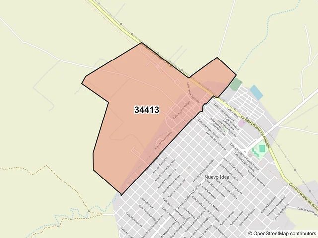 Mapa del código postal 34413, Nuevo Ideal, Durango