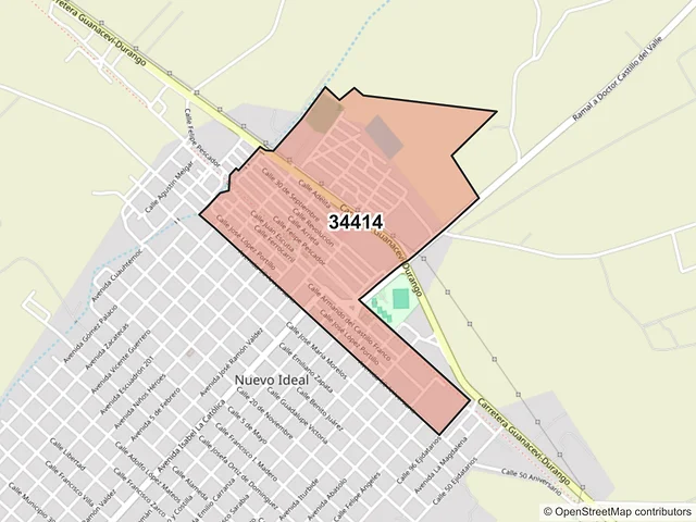 Mapa del código postal 34414, Nuevo Ideal, Durango