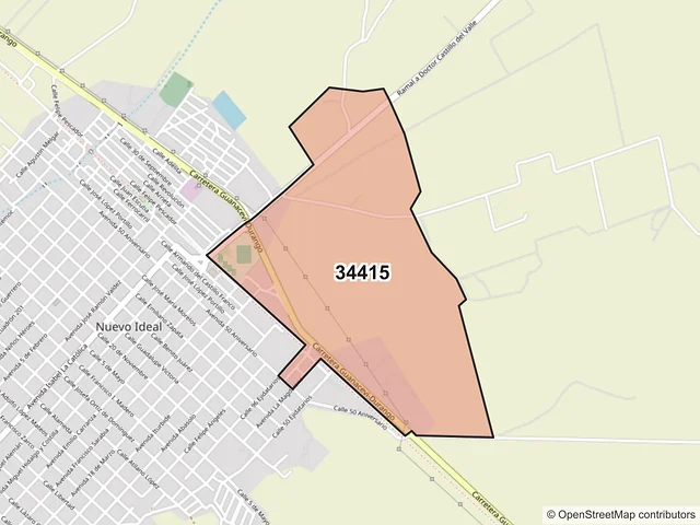 Mapa del código postal 34415, Nuevo Ideal, Durango