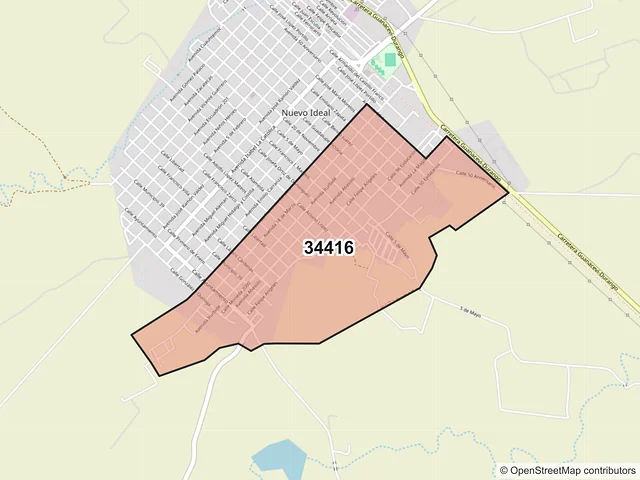 Mapa del código postal 34416, Nuevo Ideal, Durango