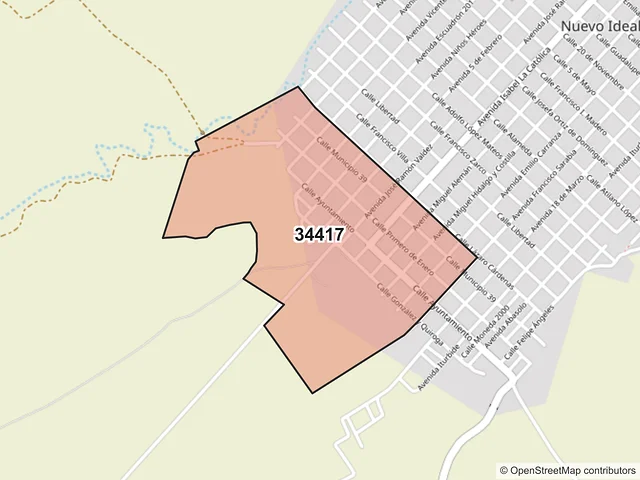 Mapa del código postal 34417, Nuevo Ideal, Durango