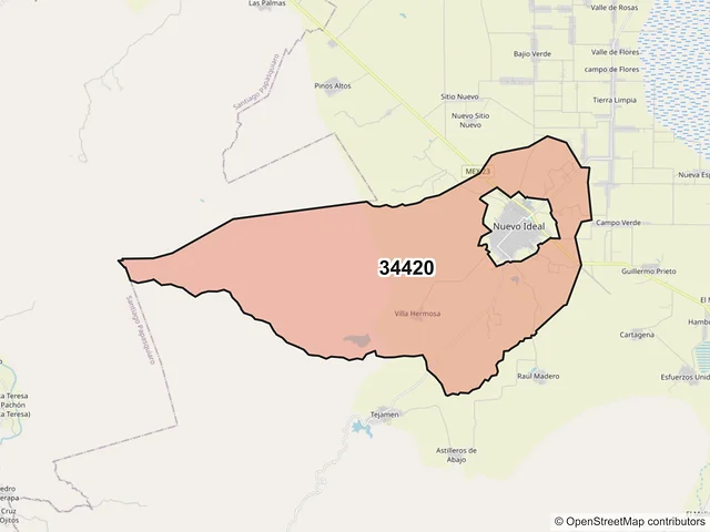 Mapa del código postal 34420, Nuevo Ideal, Durango