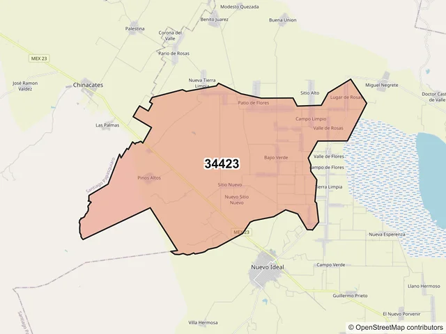 Mapa del código postal 34423, Nuevo Ideal, Durango