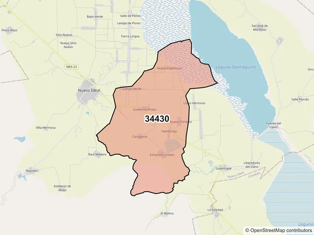 Mapa del código postal 34430, Nuevo Ideal, Durango