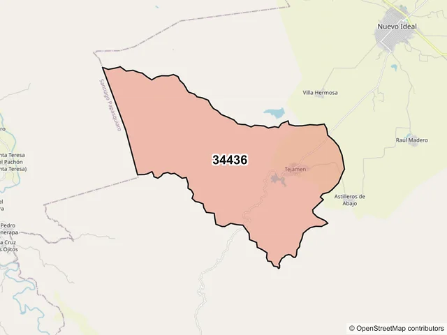 Mapa del código postal 34436, Nuevo Ideal, Durango
