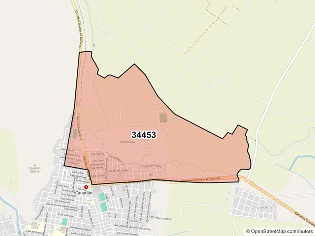 Mapa del código postal 34453, Canatlán, Durango