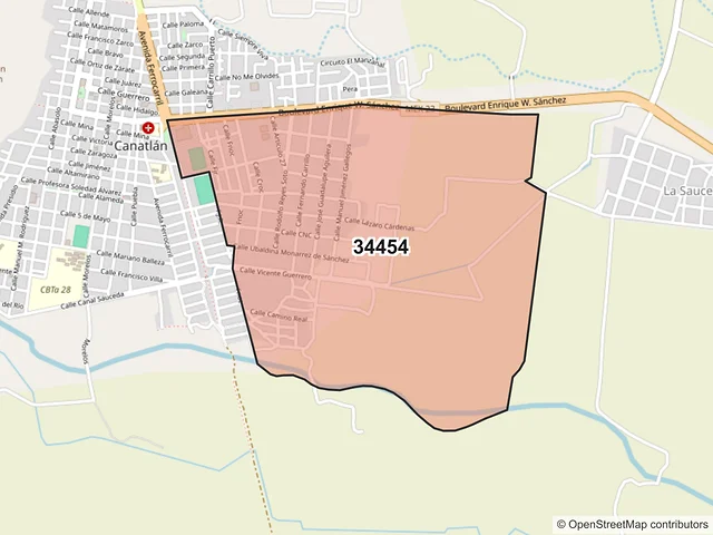 Mapa del código postal 34454, Canatlán, Durango