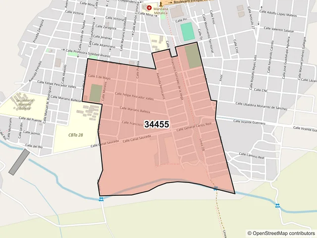 Mapa del código postal 34455, Canatlán, Durango