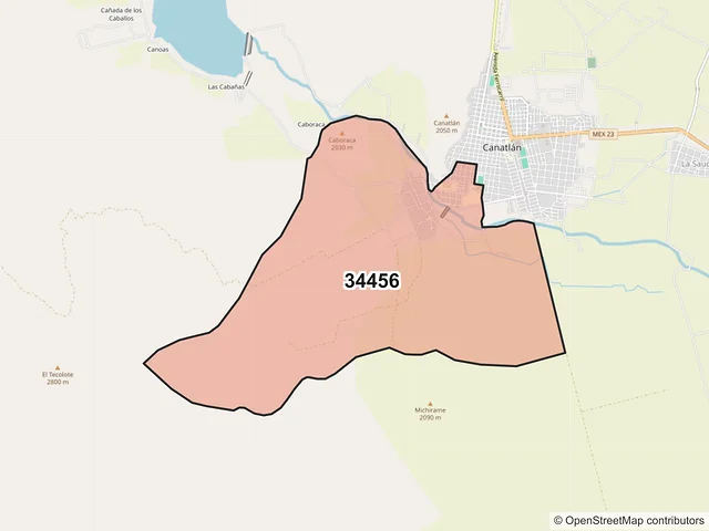 Mapa del código postal 34456, Canatlán, Durango