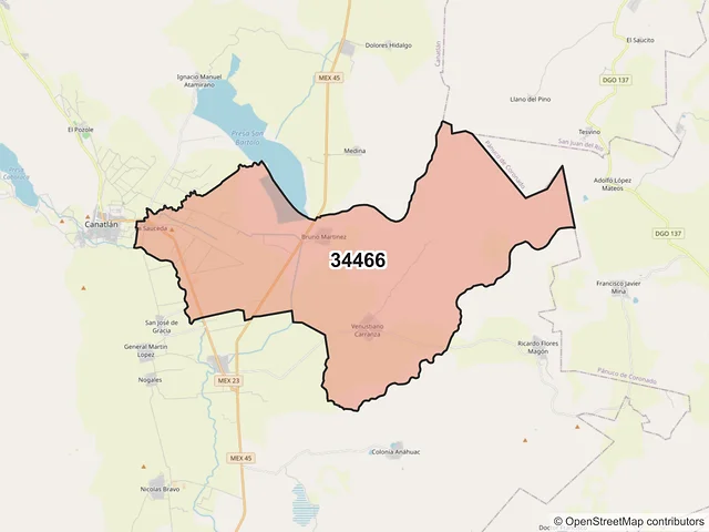 Mapa del código postal 34466, Canatlán, Durango