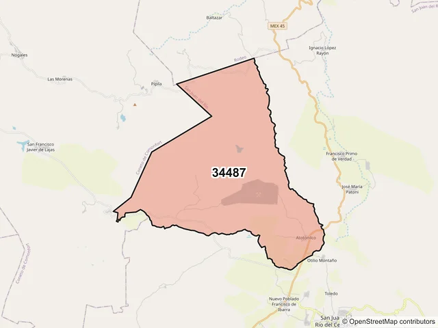 Mapa del código postal 34487, San Juan del Río, Durango