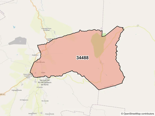 Mapa del código postal 34488, San Juan del Río, Durango