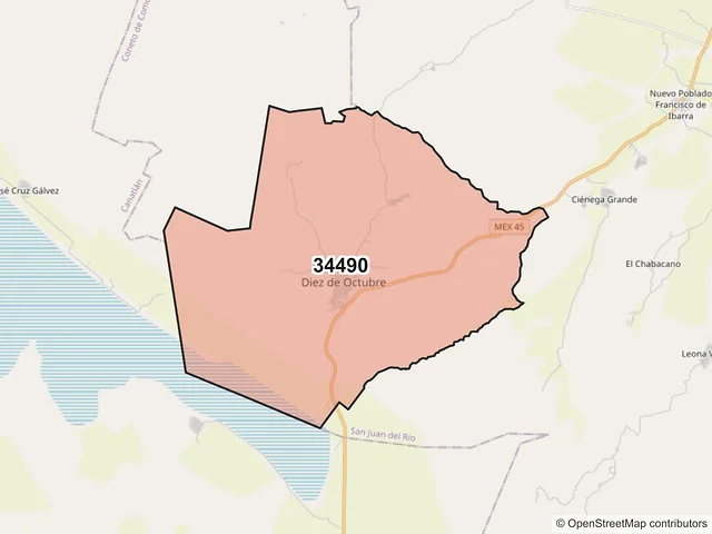 Mapa del código postal 34490, San Juan del Río, Durango