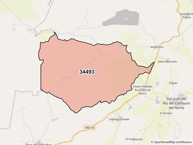 Mapa del código postal 34493, San Juan del Río, Durango