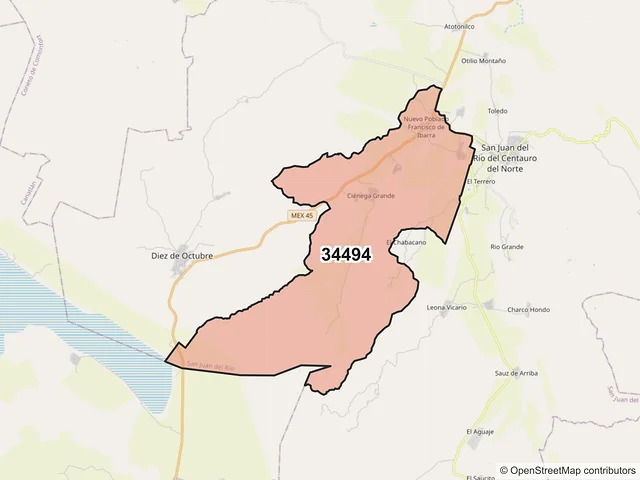 Mapa del código postal 34494, San Juan del Río, Durango